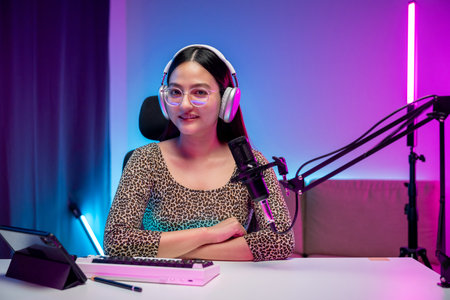 Content creator woman host streaming her a podcast with headphones and microphone interview cheering guest conversation broadcast studio with neon light. Blogger motivation recording voice over radioの写真素材