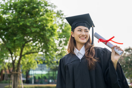 Happy asian woman in graduation costume with cap standing outdoor public park. College degree...