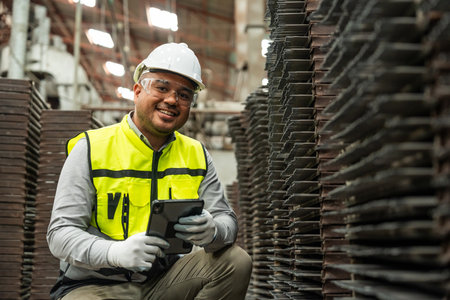 Confident engineer man with safety helmet standing analyzing with tablet in factory warehouse. Asian...