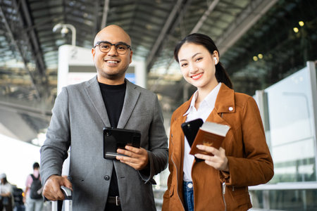 Portrait of confident young business people smiling at camera and traveling with luggage and...