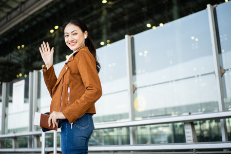 Portrait of confident young businesswoman smiling at camera ready traveling business trip with holding passport with ticket boarding pass and smartphone at the international airport terminal.の写真素材