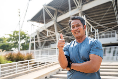 Senior old asian man wearing sportswear warming up before running outdoor. Portraits of Mature man stretching body before running at sport stadium.の写真素材