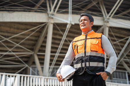 Asian senior engineer man or architect looking forward with white safety helmet in construction site. Standing at modern building construction. Professional asian man working project buildingの写真素材