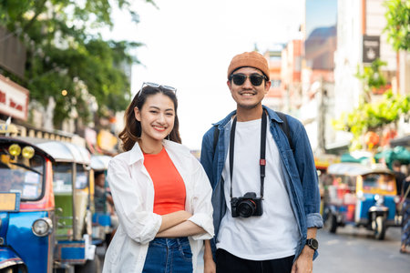Young Asian couple man and woman traveling backpacker in Khaosan Road outdoor market in Bangkok Thailand. Happy couple tourist walking in the downtown street traditional marketの写真素材