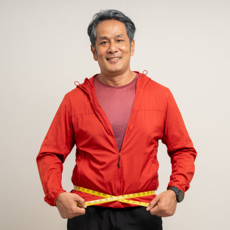 Senior man measuring waistline with measure tape. Weight loss diet session. Old man in sportswear...