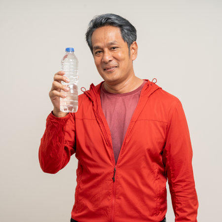 Senior asian old man with sportswear holding bottle of water and drinking on isolated white background. happy healthy fit and firm attractive sporty mature man standing pose exercise workoutの写真素材