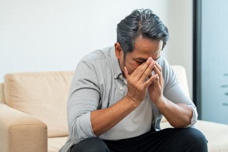 Asian mature old man sitting headache tired on sofa at home. Portrait of serious depression sadness...