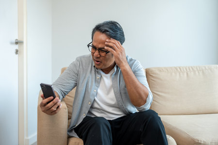 Depressed Asian mature old man using smartphone serious thinking on sofa in living room. Portrait...