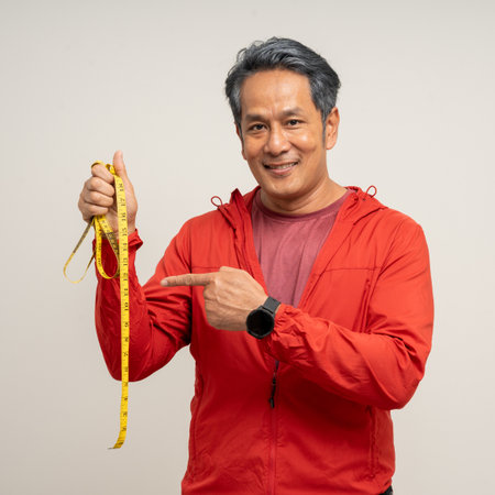 Senior man measuring waistline with measure tape. Weight loss diet session. Old man in sportswear fit and firm body shape. Care about eating and workout exercise.の写真素材