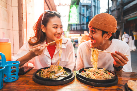 Asian couple man and woman enjoy eating street food noodle at night market. Traveler Asian couple blogger Happy tourists with Traditional food local road at thailand bangkok city.の写真素材