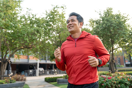 Senior old man runner exercise outdoor nature park. fitness man jogging wearing sportswear. Mature athlete man in sportswear Workout running at public park. Health and activity old man lifestyleの写真素材