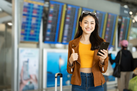 Happy young asian woman traveler using smartphone and holding boarding pass while standing at the airport terminal ready for vacation trip, smiling female tourist with confidently travel insuranceの写真素材