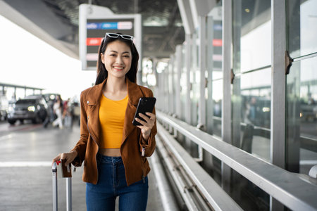 Happy young asian woman traveler using smartphone and holding boarding pass while standing at the...