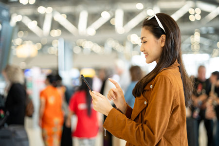 Happy young asian woman traveler using smartphone and holding boarding pass while standing at the airport terminal ready for vacation trip, smiling female tourist with confidently travel insuranceの写真素材