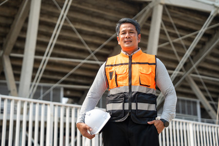 Asian senior engineer man or architect looking forward with white safety helmet in construction site. Standing at modern building construction. Professional asian man working project buildingの写真素材