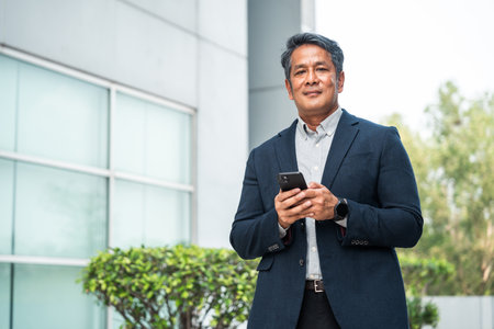 Senior manager business man in suit with cell phone at the buildings downtown. Confident man using smartphone looking towards their goals for success. Executive business manの写真素材