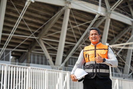 Asian senior engineer man or architect looking forward with white safety helmet in construction site. Standing at modern building construction. Professional asian man working project buildingの写真素材