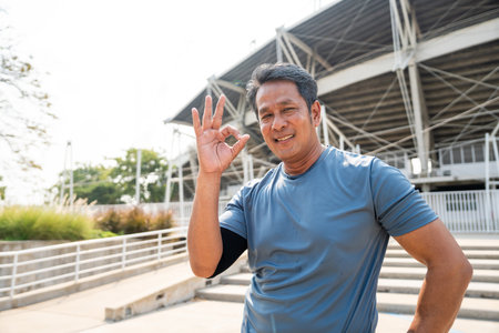Senior old asian man wearing sportswear warming up before running outdoor. Portraits of Mature man stretching body before running at sport stadium. Training athlete work out at outdoorの写真素材