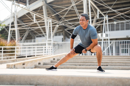 Senior old asian man wearing sportswear warming up before running outdoor. Portraits of Mature man...