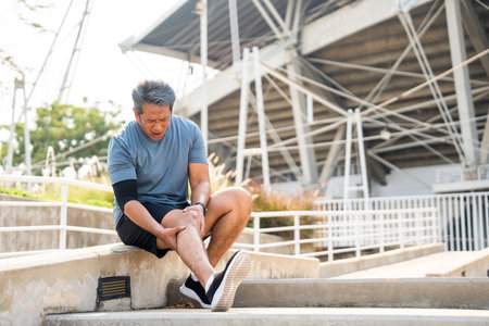 Mature man tired and leg pain during jogging at sport stadium. Runner has sore knees because he has been running for too long. Exercising until the injury. Training athlete work out at outdoor.