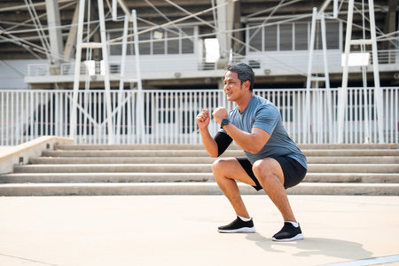 Senior old asian man wearing sportswear warming up before running outdoor. Portraits of Mature man stretching body before running at sport stadium. Training athlete work out at outdoorの写真素材