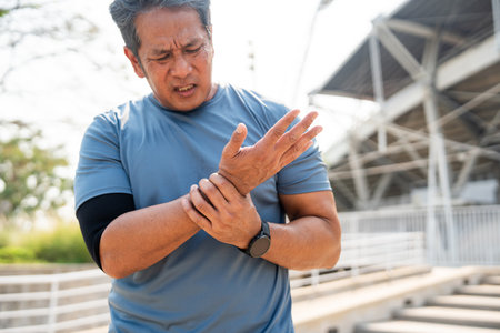Senior asian old man with sportswear has an inflamed wrist. Old man senior has problem with structural postureの写真素材
