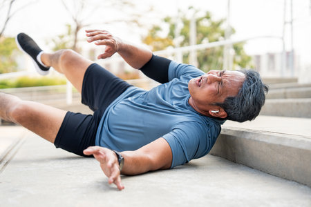 Mature man tired and leg pain during jogging at sport stadium. Runner has sore knees because he has been running for too long. Exercising until the injury. Training athlete work out at outdoor.の写真素材