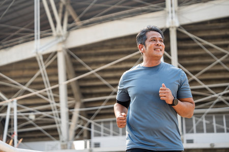 Senior old man runner exercise outdoor nature park. fitness man jogging wearing sportswear. Mature athlete man in sportswear Workout running at outdoor. Health and activity old man lifestyleの写真素材