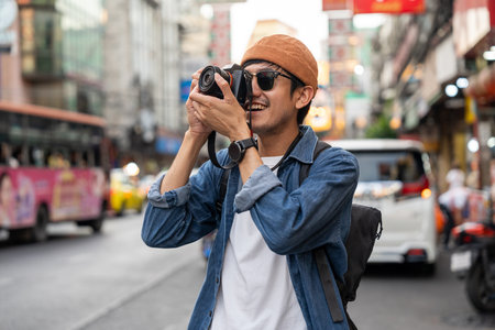 Young Asian traveling backpacker in Khaosan Road outdoor market in Bangkok Thailand. Happy tourist...