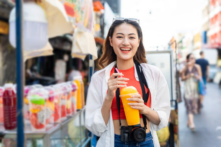 Young Asian woman traveling backpacker in Khaosan Road outdoor market in Bangkok Thailand. Happy female tourist walking in the downtown street traditional marketの写真素材