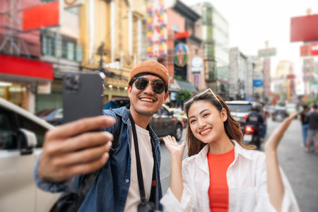 Asian couple man and woman enjoy eating street food noodle at night market. Traveler Asian couple...