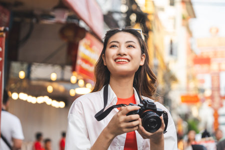 Asian woman enjoy eating street food at night market. Traveler Asian blogger women Happy tourists Beautiful female with Traditional food local road at thailand bangkok city.の写真素材