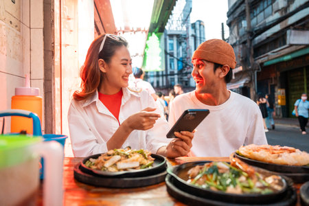 Asian couple man and woman enjoy eating street food noodle at night market. Traveler Asian couple...