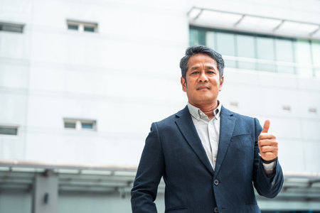 Senior manager business man in suit standing at the buildings downtown. Confident man looking towards their goals for success. Executive business manの写真素材
