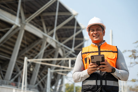 Asian senior engineer man or architect looking forward with white safety helmet in construction site. Standing at modern building construction. Professional asian man working project buildingの写真素材