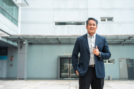 Senior manager business man in suit standing at the buildings downtown. Confident man looking towards their goals for success. Executive business manの写真素材