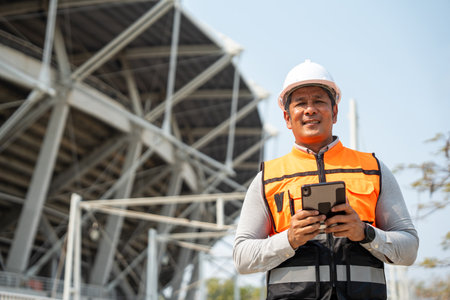Asian senior engineer man or architect looking forward with white safety helmet in construction site. Standing at modern building construction. Professional asian man working project buildingの写真素材