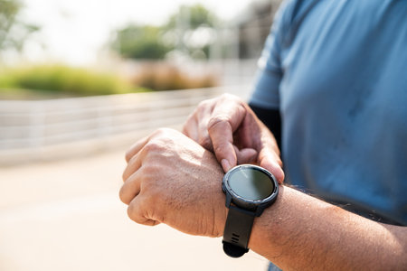 Mature man wearing sportswear using Smart Watch Showing Heart Rate Monitor. Old man with Technology for health and sport mode. Exercise and take statistics to develop your potentialの写真素材