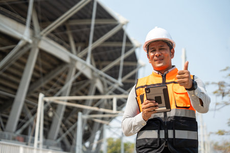 Asian senior engineer man or architect looking forward with white safety helmet in construction site. Standing at modern building construction. Professional asian man working project buildingの写真素材