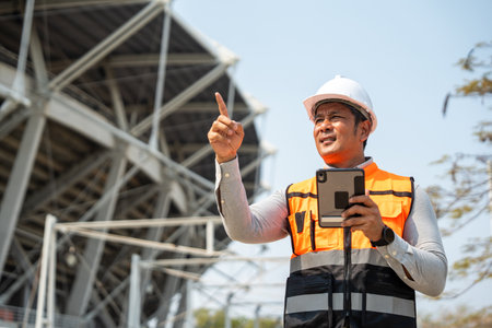 Asian senior engineer man or architect looking forward with white safety helmet in construction site. Standing at modern building construction. Professional asian man working project buildingの写真素材