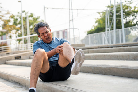 Mature man tired and leg pain during jogging at sport stadium. Runner has sore knees because he has been running for too long. Exercising until the injury. Training athlete work out at outdoor.の写真素材