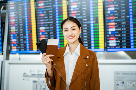 Portrait of confident young businesswoman smiling at camera ready traveling business trip with holding passport with ticket boarding pass and smartphone at the international airport terminal.の写真素材