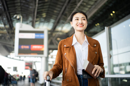 Portrait of confident young businesswoman smiling at camera ready traveling business trip with holding passport with ticket boarding pass and smartphone at the international airport terminal.の写真素材