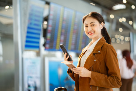 Portrait of confident young businesswoman smiling at camera ready traveling business trip with holding passport with ticket boarding pass and smartphone at the international airport terminal.の写真素材