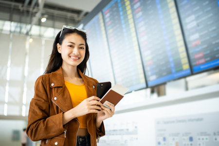 happy young asian woman traveler holding boarding pass ticket, passport and smartphone at the airport terminal with her luggage and smiling at camera, cheerful tourist female having holiday trip.の写真素材