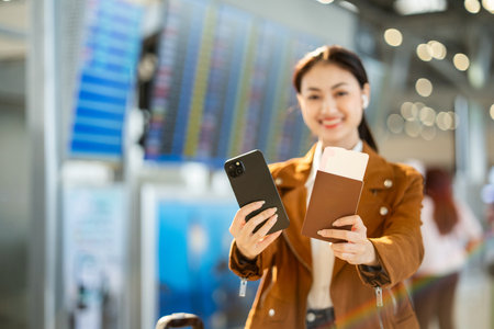Portrait of confident young businesswoman smiling at camera ready traveling business trip with holding passport with ticket boarding pass and smartphone at the international airport terminal.の写真素材
