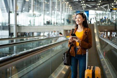 happy young asian woman traveler holding boarding pass ticket, passport and smartphone at the...