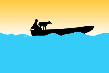 boat with man and dog on the seaのイラスト素材