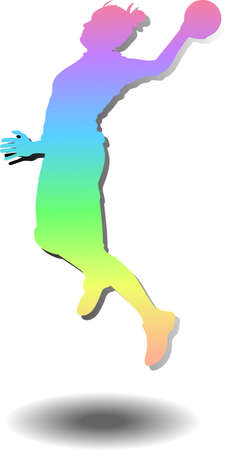handball woman player jumping in attack with a ball silhouette vectorのイラスト素材