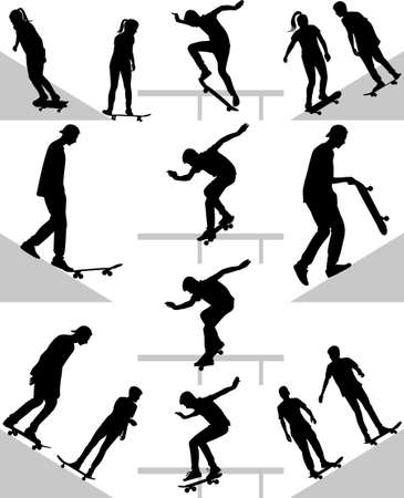 group of skateboarders practice on terrain silhouette vectorのイラスト素材